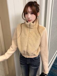 FRIFUL Women's Solid Color Long Sleeve Patchwork Fur Trim Zipper Front Jacket - White - View 1