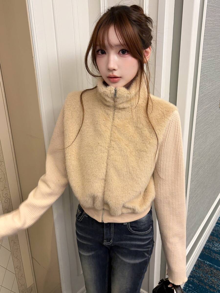 FRIFUL Women's Solid Color Long Sleeve Patchwork Fur Trim Zipper Front Jacket - White - View 1