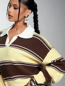 Denimoi Sweater Rajut Kerah Polo Bergaris Blok Warna untuk Wanita, Pullover Wol Lembut Kasual Longgar - MultiWarna - View 4