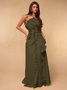 SHEIN BAE 春夏女款杏色掛脖百褶精緻開衩高開衩洋裝，婚禮賓客禮服，情人節洋裝，粉色洋裝 - 軍綠色 - 查看 5