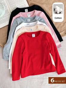 SHEIN 女童小女孩 6件組純色圓領休閒針織T恤套裝，刷毛厚實面料，適合秋冬穿著 - 彩色 - 查看 1