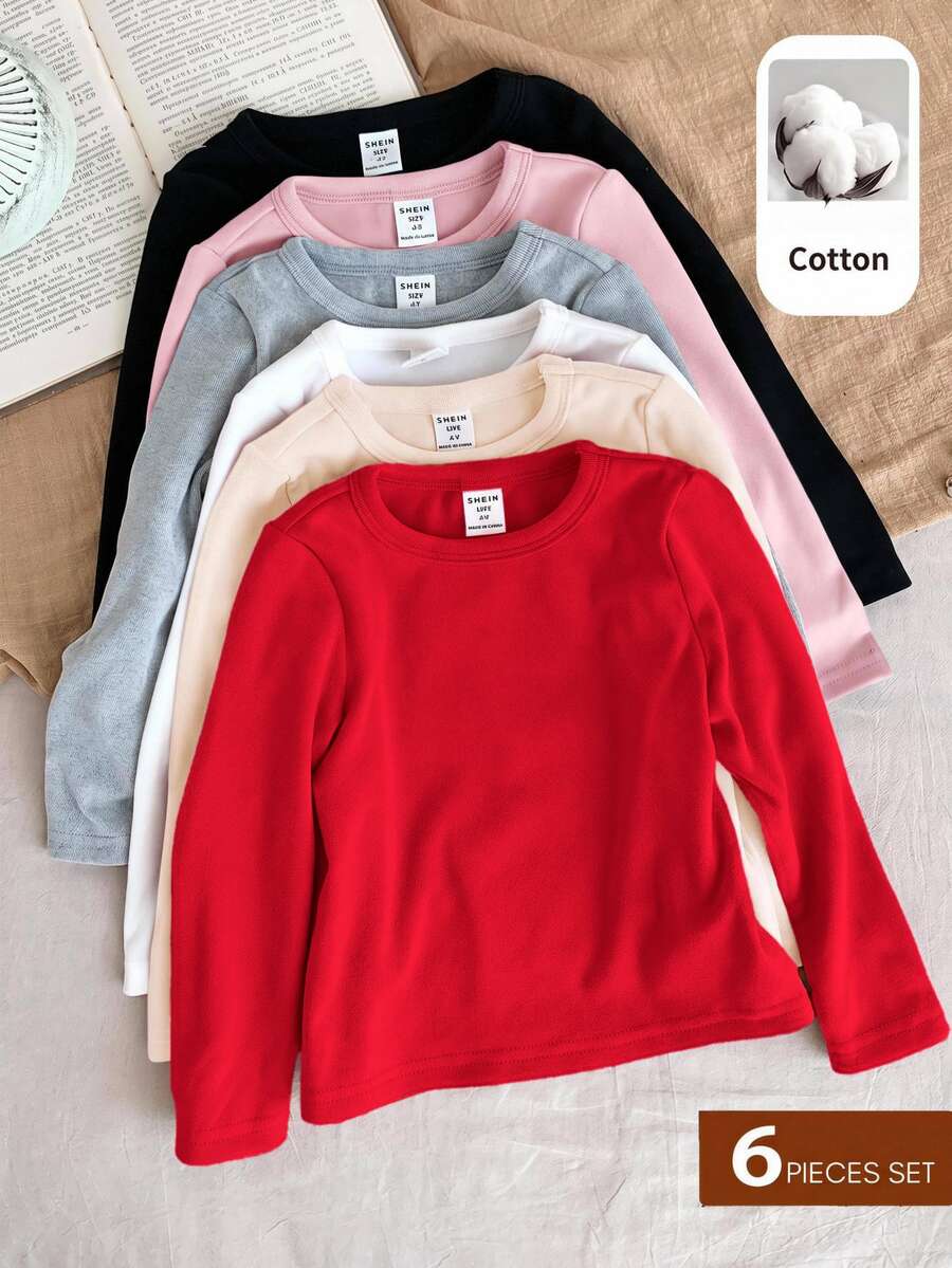SHEIN 女童小女孩 6件組純色圓領休閒針織T恤套裝,刷毛厚實面料,適合秋冬穿著 - 彩色 - 查看 1