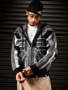 ROMWE MEN Men's Distressed Ripped Hem Sweater Cardigan - Grey - View 6