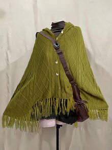 Sunspun Women Plus Size Loose Hooded Knit Cape, Cable Textured Knit Poncho With Button Placket & Fringe Hem, Green Daily Wear Shawl Cardigan - Dark Green - View 1