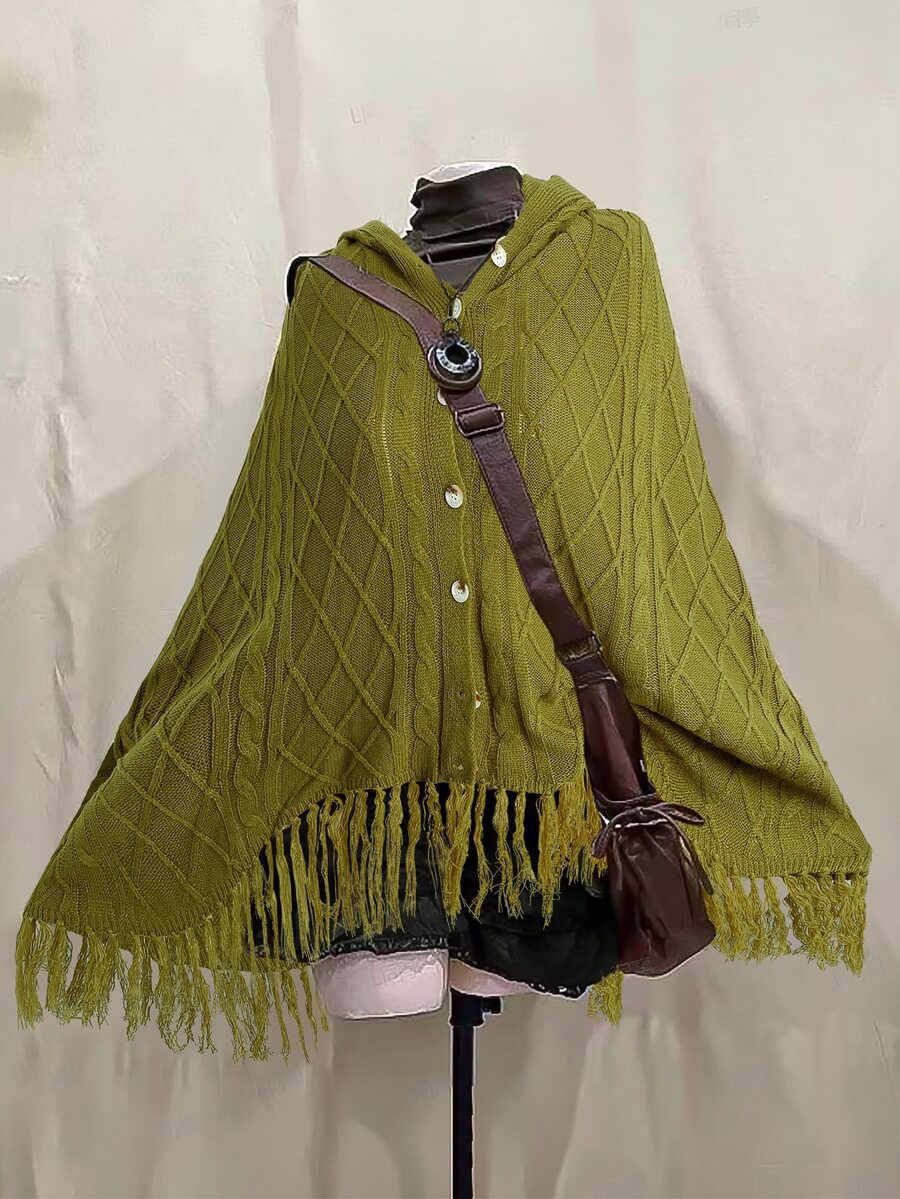 Sunspun Women Plus Size Loose Hooded Knit Cape, Cable Textured Knit Poncho With Button Placket & Fringe Hem, Green Daily Wear Shawl Cardigan - Dark Green - View 1