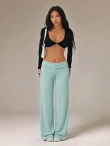 SHEIN PETITE 黑色高腰寬腿寬鬆休閒長褲 - 薄荷綠 - 查看 5
