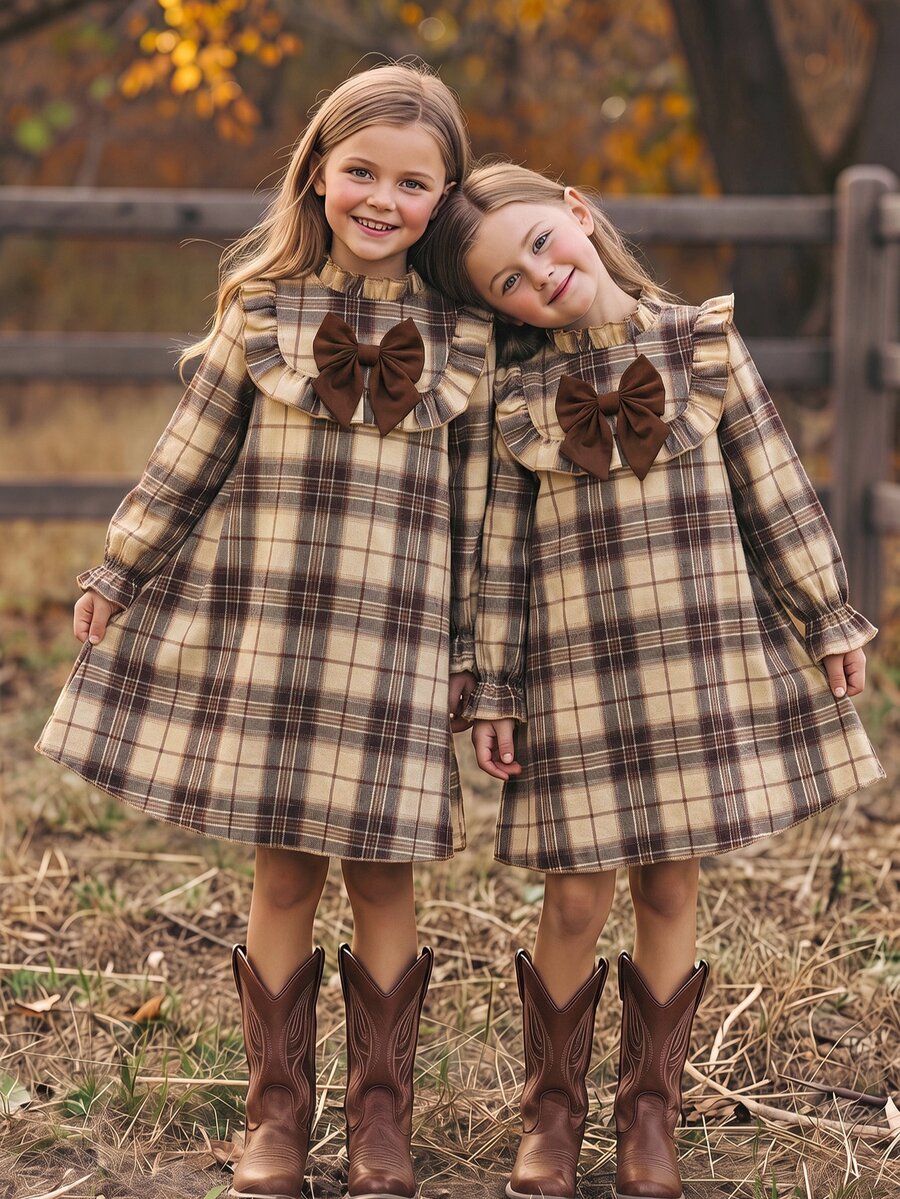 Tween Girl Stand Collar Long Sleeve Flared Colorblock Bow Back To School Dress - Khaki - View 1