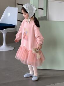 DAZY Young Girls Cartoon Print Tulle Layered Casual Fashion Creative Personalized Fresh Cute Dress - Pink - View 4