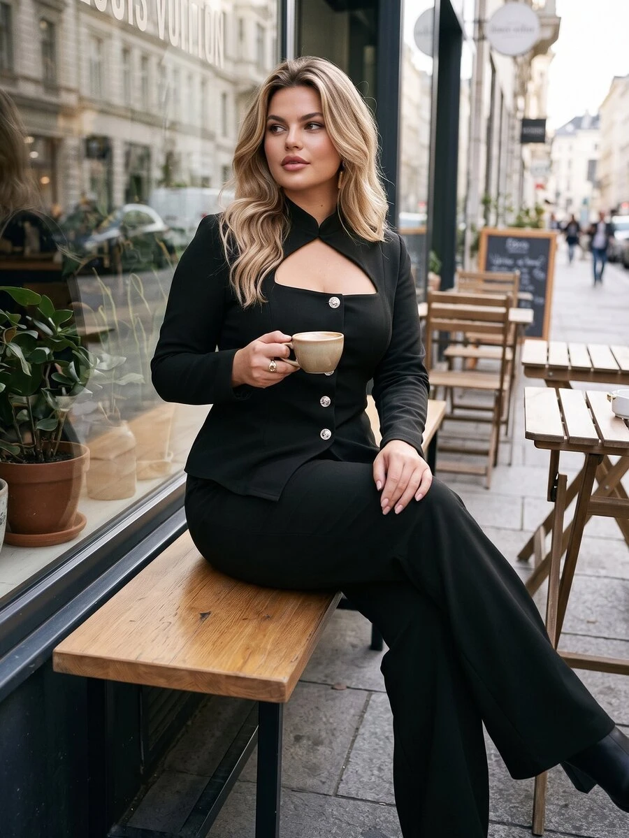 Vionelle Plus Size Knitted High Neck Triangle Collar Long Sleeve Cinched Waist A-Line Split Pants Straight Leg Casual Versatile Commute Office Suit Set - Black - View 1