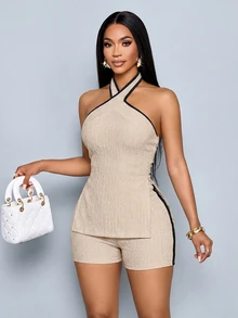 SOLERSUN Tall Elegant Black And Brown Halter Neck Slit Top And Fitted Shorts Textured Casual Set - Apricot - View 8