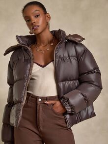 SHEIN Tall Women's Brown Ultra Puffer Jacket With Removable Hood, Ultra Padded, Loose Fit - Brown - View 1