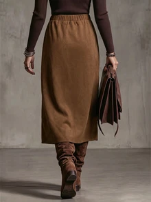 Linhara CURVE Plus Size Lady's Woven Skirt With Slit, Elegant For Autumn, Mid-Length Skirt - Coffee Brown - View 2