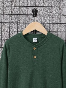SHEIN 青少年男孩純色半門襟 Polo 長袖 T 恤 - 墨綠色 - 查看 3