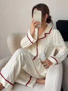 Napfluff Romantic Fresh Contrast Color Machine Embroidered Lace Trim Turn-Down Collar Coconut Button Long Sleeve Long Pants Women's Loungewear Set - Apricot - View 4