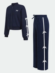 SHEIN Girlism 兒童青少年女孩秋季2件套長袖休閒套裝，連帽衛衣＋運動長褲，適合日常穿著與街頭穿搭，舒適舒適 - 藏蓝色 - 查看 3