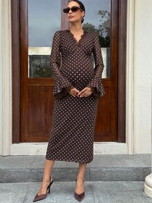 MaterniWear Maternity Spliced Lace V-Neck Polka Dot Print Flared Sleeve Fitted Elegant Dress - Brown - View 4