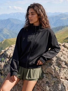 Exploreva Women's Solid Color Zip-Up Casual Daily Travel Sports Sweatshirt - Black - View 4