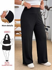 SHEIN CURVE+ 大尺碼女款羅紋彈性寬腰喇叭褲，多款褲型，2026秋冬 22W - 黑色 - 查看 1
