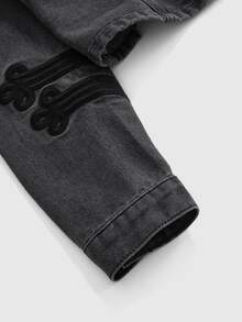 ROMWE Grunge Punk Street Punk New Chinese Style Frog Button Design Slim Fit Small Stand Collar Long Sleeve Women's Denim Jacket - Grey - View 4