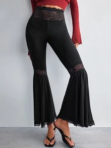 Willow Rêve Women's Black Knitted Flare Pants With Lace Trim - Black - View 1