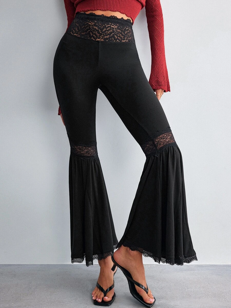 Willow Rêve Women's Black Knitted Flare Pants With Lace Trim - Black - View 1