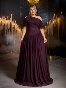 Glamrae Plus Size Elegant Romantic Asymmetrical Shoulder Ruched Sleeve Korean Style Full Skirt Evening Dress For Wedding, Single Party, Vacation, Holiday, Gathering, Music Festival, Graduation Season, Dinner - Red Violet - View 3