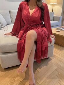 Dazy Plus Autumn New Vacation Charm Jacquard Satin Tassel Decor Robe - Burgundy - View 5