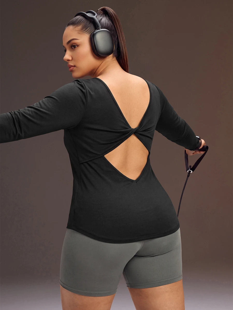 Powerista Women's Plus Size Backless Long Sleeve Square Neck Fitted Sports T-Shirt Suitable For Running, Workout, Exercise, Yoga - Black - View 1
