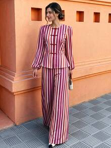 Flora Isola Flora Isola Women's 2pcs Set: Pink Chinese Style Frog Button Striped Shirt + Long Pants, Vacation Casual - Pink - View 6