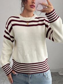 SHEIN Raffinéa Casual Fit Round Neck Long Sleeve Knit Contrast Stripe Design Beige Women's Spring/Autumn Sweater - Multicolor - View 3