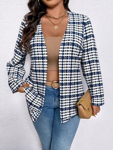 SHEIN 大尺碼女款秋冬格紋簡約西裝外套 - 彩色 - 查看 5