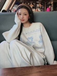 DAZY Bear Pattern Jacquard Loose Short Long Sleeve Casual Vacation Korean Style Girl Autumn/Winter Versatile Daily Knit Sweater For Women - Apricot - View 5