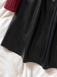 SHEIN 1件少女圓領套頭長袖羅紋刷毛布料拼接碎花下擺洋裝，甜美淑女風，秋季款 - 酒紅色 - 查看 5
