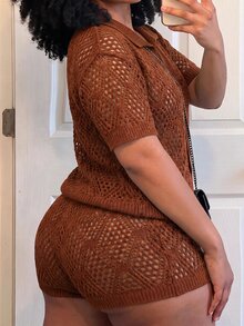 Slaydiva New Loose Fit Lapel Open Front Short Sleeve Shorts Striped Solid Color Plus Size Women 2 Pieces Set Summer Knit Casual Vacation Outfit - Style A, Suitable For Autumn/Winter - Rust Brown - View 2