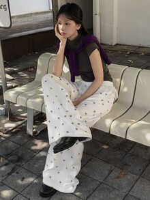 DAZY Women's Bow Print Contrast Lace Trim Drawstring Elastic Waist Loose Wide Leg Casual Vacation Korean Style Spring Autumn Long Sweatpants - White - View 8
