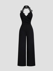 SHEIN PETITE جمبسوت نسائي بلون موحد كاجوال للارتداء اليومي برقبة هالتر - الأسود - مشاهدة 3