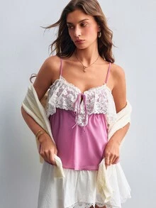 Willow Rêve Atasan Camisole Wanita Berwarna Pink dengan Motif Renda dan Patchwork - Berwarna merah muda - View 7