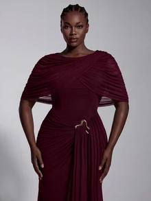 Elitara Plus Size Elegant Luxurious Off-Shoulder Elastic Knit Mesh Ruched Mermaid Skirt, Suitable For Wedding, Event, Bachelorette Party, Vacation, Ball, Evening Dress - Burgundy - View 3