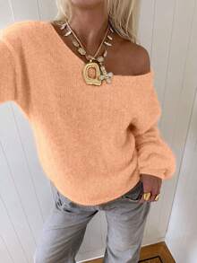 Selianne French Style Asymmetrical Shoulder Loose Fit Versatile Women's Sweater - Orange - View 7