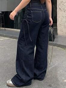 Dazy Plus Casual Washed Side Tie-Up Wide Leg Long Denim Pants For Girls, Spring/Autumn - Dark Wash - View 5
