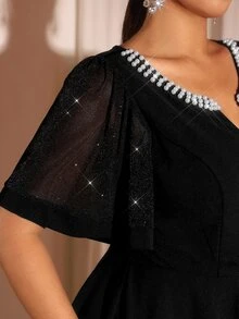 Cravure Plus Size Women's Short Sleeve Rhinestone Sequin High Waist Dress - Black - View 6