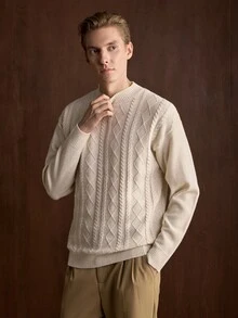Manfinity CityGents 男士半高領長袖懶人套頭毛衣，休閒針織秋冬服飾，米色/杏色寬鬆版型時尚百搭 3D 圖案長袖套頭毛衣 - 杏色 - 查看 5
