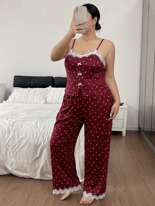 Napfluff CURVE Napfluff CURVE Cute Polka Dot Print Contrast Trim Slim Fit Camisole Pants With Jacket Plus Size Pajama Set - Burgundy - View 7