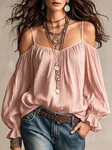 Hotletica Women's Cold Shoulder Pink Sweet Blouse - Baby Pink - View 1