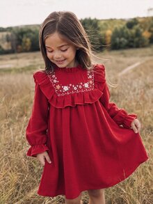 Emery Rose Kids Emery Rose Kids 少女編織素色花卉圖案荷葉邊休閒洋裝 - 紅色 - 查看 4