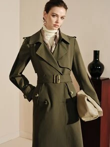 Arave 女款編織素色正肩長袖收腰半開襟下擺開衩戶外休閒日常通勤職場春秋冬季風衣外套 - 軍綠色 - 查看 3