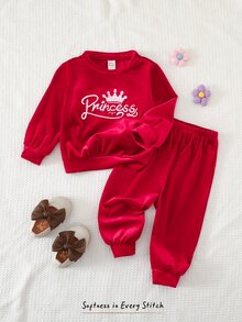 Cozy Pixies 女嬰字母皇冠刺繡圖案天鵝絨圓領長袖套頭衛衣彈性腰長褲 2件/套 幼兒女童服裝 舒適百搭時尚日常可愛休閒簡約百搭風格，秋冬，適合室內、戶外休閒、戶外滑雪、返校、日常、運動、玩耍、派對、節日、萬聖節、聖誕節、新年、情人節，多種場合 - 紅色 - 查看 3
