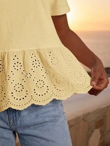 CAJUNI Women's Sweet Lace Patchwork Short Sleeve T-Shirt For Vacation - Pale Yellow - View 6