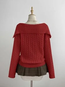 Elamini Women's White Casual Versatile Commute Daily Wear Classic Cable Knit Half-Button Pullover Sweater, Autumn/Winter - Red - View 2