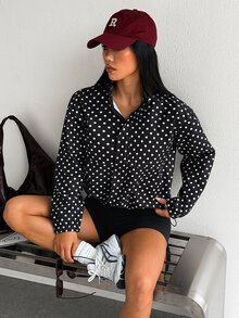 SHEIN Dewbera Women's Polka Dot Pattern Long Sleeve Pocket Casual Sports Jacket - Black - View 2